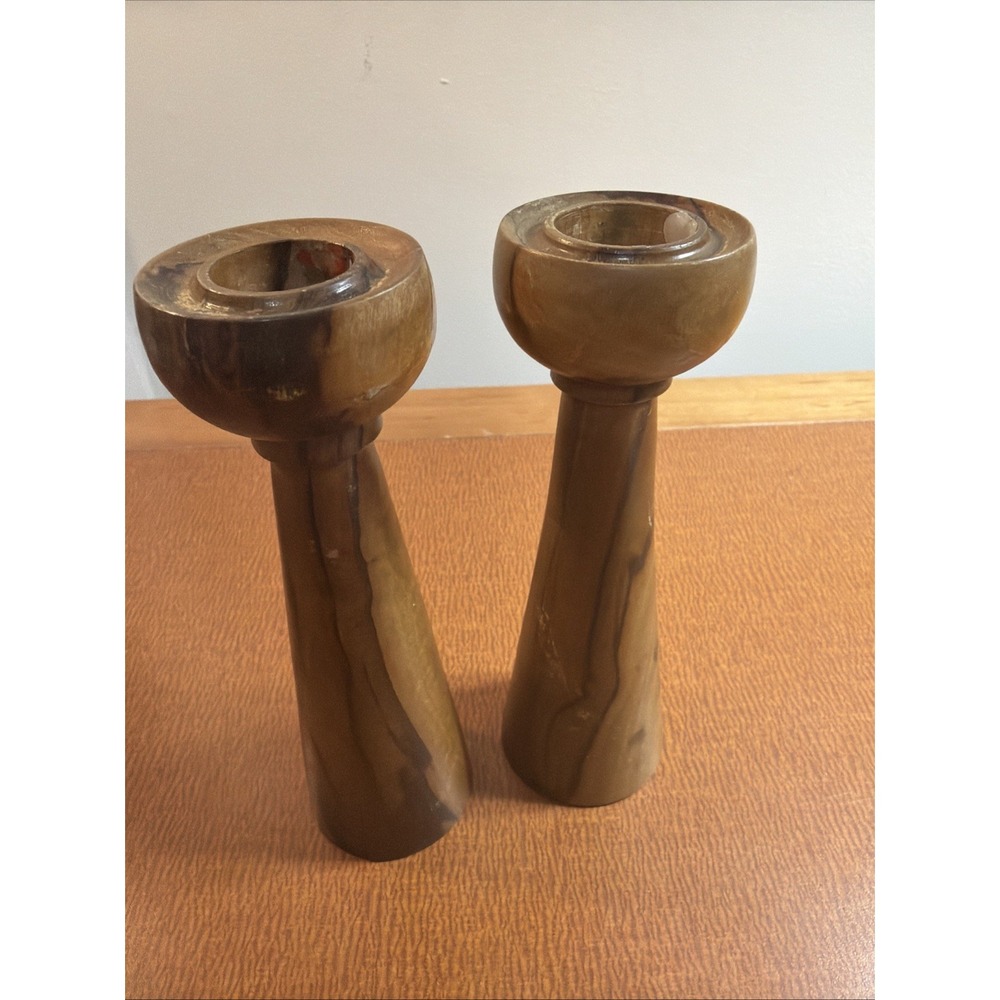 MCM Wood Danish Set of 2 Candle Holders Mid Century Modern 6 inch